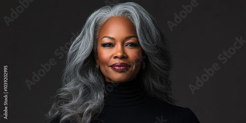 A beautiful African American woman with long gray hair wearing a black turtleneck, generative AI