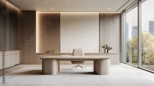 Obraz na płótnie Modern office interior featuring a sleek desk and large windows with a city view. w salonie