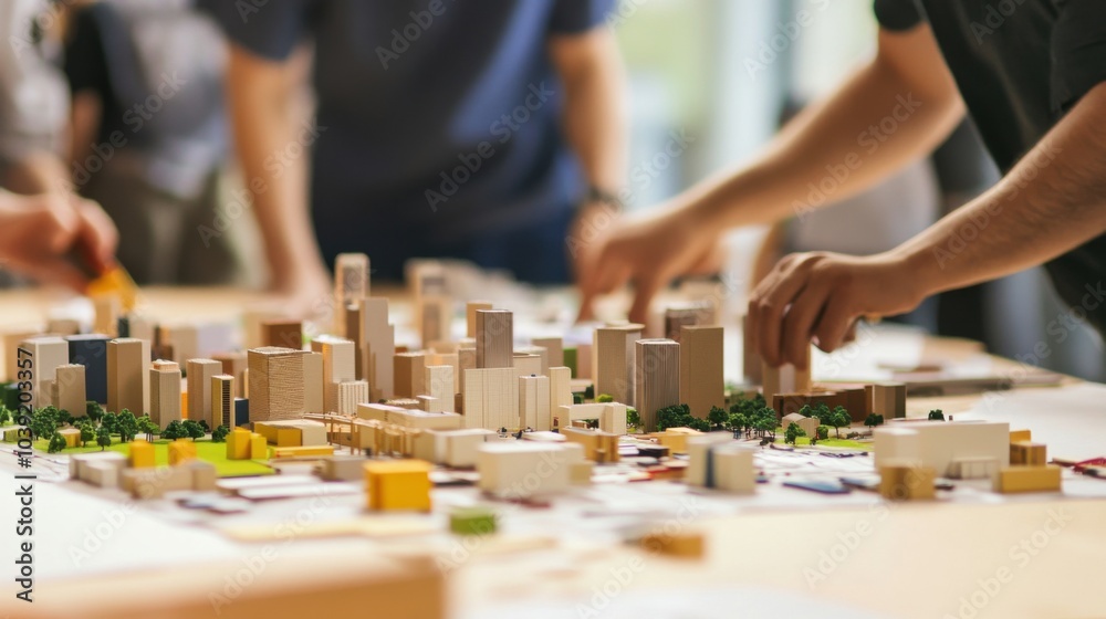 Fototapeta premium A collaborative urban planning workshop with architects designing sustainable city models using blocks, Blocks arranged for urban planning simulations, Sustainable city style