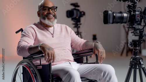 A middle-aged black man from the United States is sitting in a wheelchair, very happy, wearing casual clothes having a photo shoot, happy with gray beard