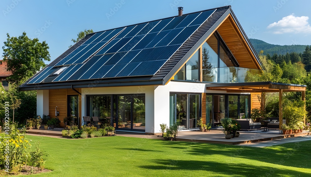 A modern house with solar panels, large windows, and an inviting garden, set against a backdrop of mountains and clear blue skies. A modern house with solar panels, large windows, and an inviting garden, set against a backdrop of mountains and clear blue skies.