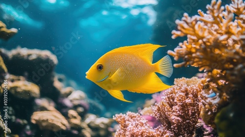 Stunning yellow fish swimming through vibrant coral reefs, crystal-clear water
