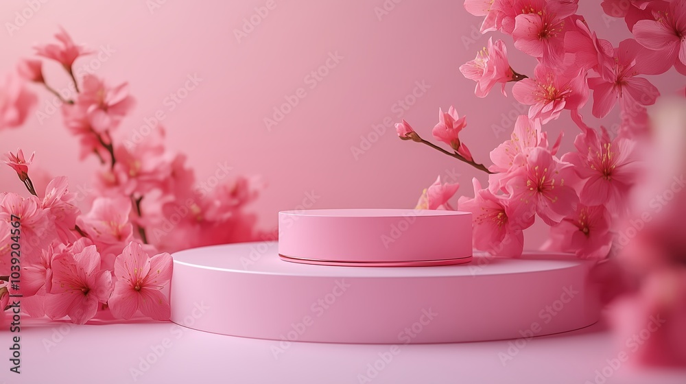 3D podium on a pink background with flowers, a beauty product presentation platform display mock-up for cosmetic promotion or advertising 3D podium on a pink background with flowers, a beauty product presentation platform display mock-up for cosmetic promotion or advertising