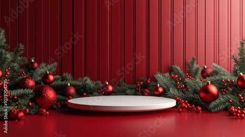 3d render, podium with christmas decoration and red background, green color theme photo