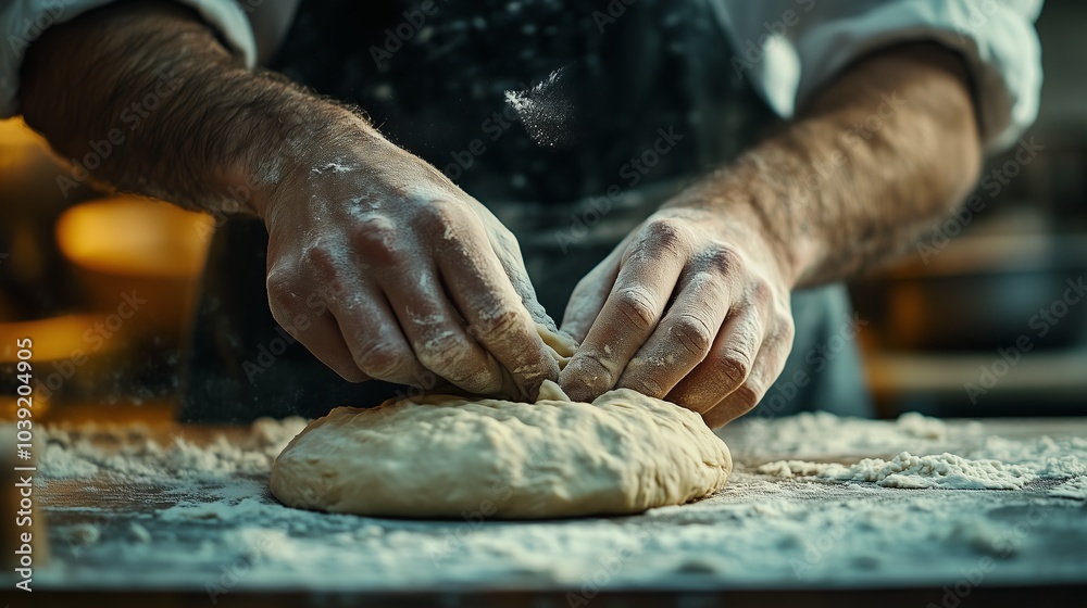 A close-up of hands in an apron kneading dough on the table