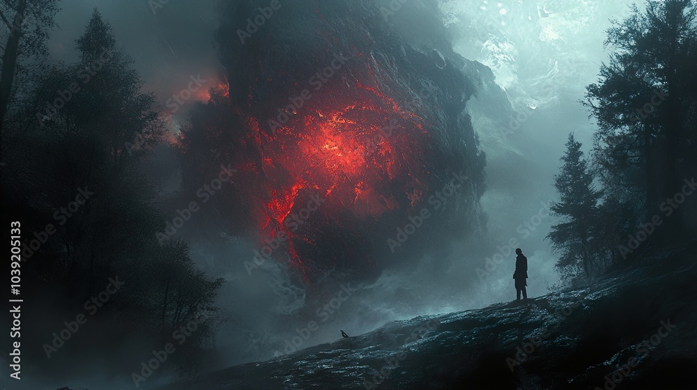 A Lonely Figure Gazes at a Glowing Rock in a Foggy Forest A Lonely Figure Gazes at a Glowing Rock in a Foggy Forest