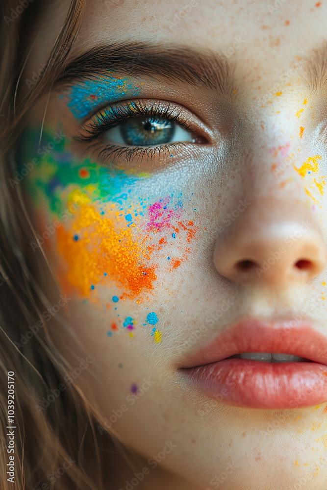 Girl with colorful face paint, beautiful eyes, bright colors, artistic photo, natural light, macro lens, colorful explosion and bright makeup.