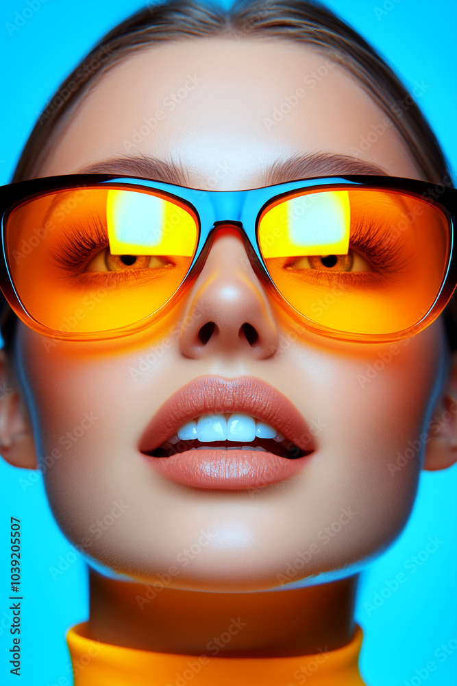 A woman with orange glasses and red lipstick is smiling. The image has a bright and cheerful mood, with the orange glasses and red lipstick adding a pop of color to the scene A woman with orange glasses and red lipstick is smiling. The image has a bright and cheerful mood, with the orange glasses and red lipstick adding a pop of color to the scene