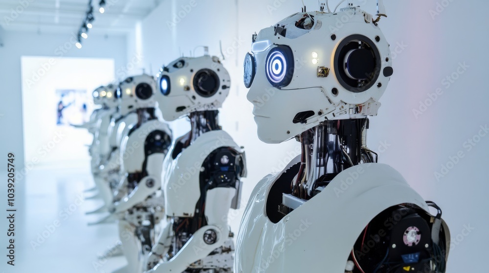 Fototapeta premium An AI-driven robotic art installation, interactive art gallery with robotic artists and digital art exhibits, Art-Tech Robotics style