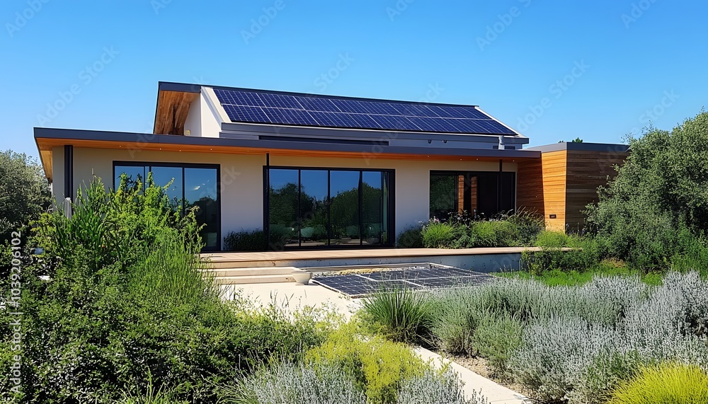 A modern house with solar panels, surrounded by lush greenery and blue skies, blending seamlessly with its natural environment.