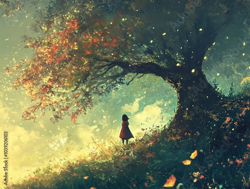 Girl Under a Tree in a Magical Forest