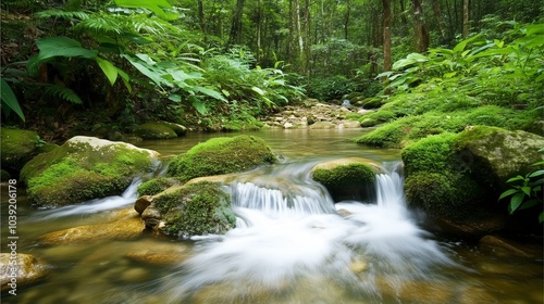 A tranquil forest scene with a gentle stream flowing over mossy rocks, creating a peaceful and refreshing atmosphere. Ideal for nature and wellness projects.