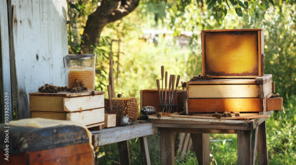 A cozy beekeeping apiary with beekeeping tools and beehives, Beekeeping tools arranged amidst buzzing hives, Sustainable apiary style A cozy beekeeping apiary with beekeeping tools and beehives, Beekeeping tools arranged amidst buzzing hives, Sustainable apiary style