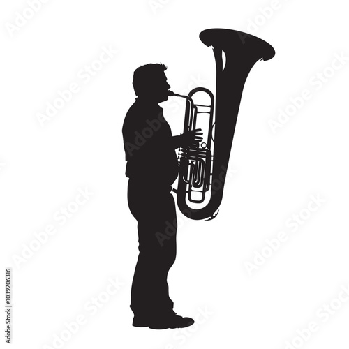 A man playing Tuba silhouette isolated on white background