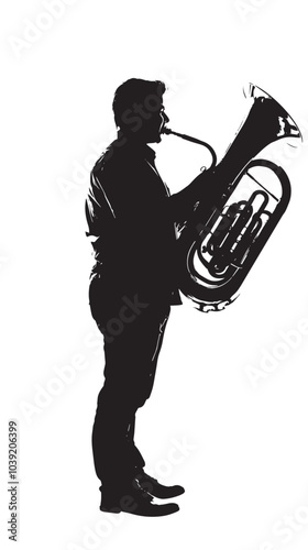 A man playing Tuba silhouette isolated on white background