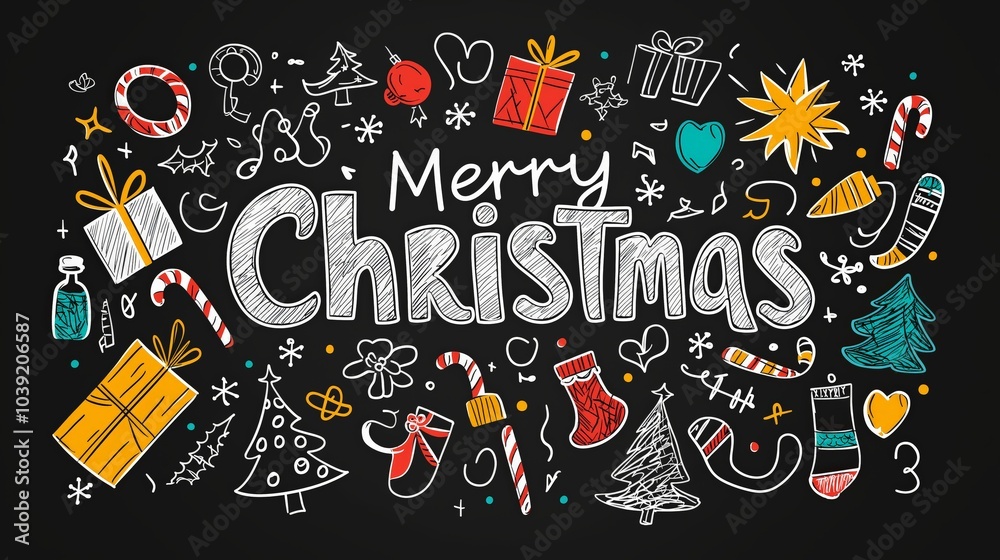 Fototapeta premium Festive Christmas doodles with gifts, trees, and holiday elements on a black background.