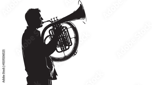 A man playing Tuba silhouette isolated on white background