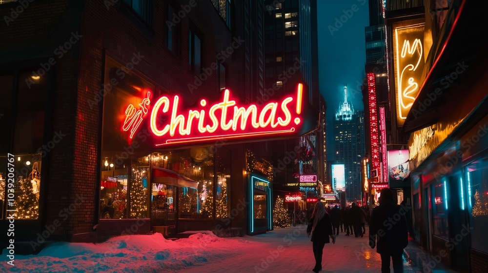 Festive street scene with vibrant Christmas lights and snowy streets at night. Festive street scene with vibrant Christmas lights and snowy streets at night.
