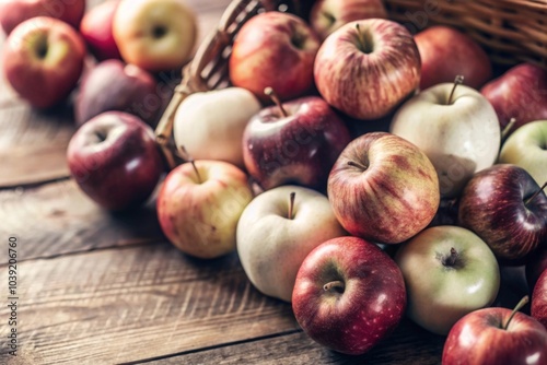 Freshly picked apples in a basket placed on a rustic wooden table with leaves and a soft cloth beside them