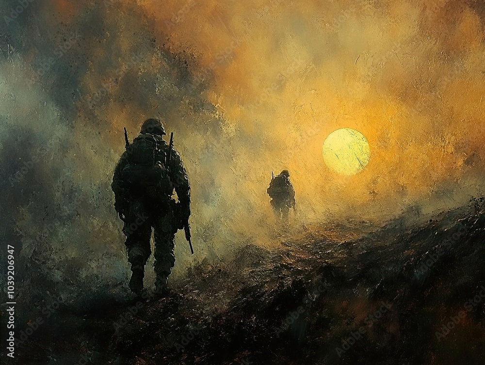 Soldiers Walking Through a Misty Battlefield at Sunset Soldiers Walking Through a Misty Battlefield at Sunset