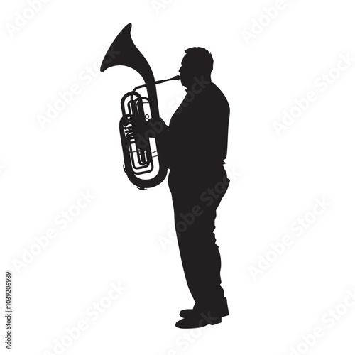 A man playing Tuba silhouette isolated on white background