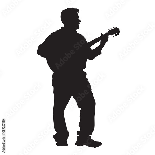 A man playing Ukulele silhouette isolated on white background