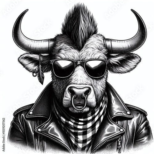 punk bull with a mohawk, in sunglasses, nose ring, and a leather jacket, drawn in an engraving sketch