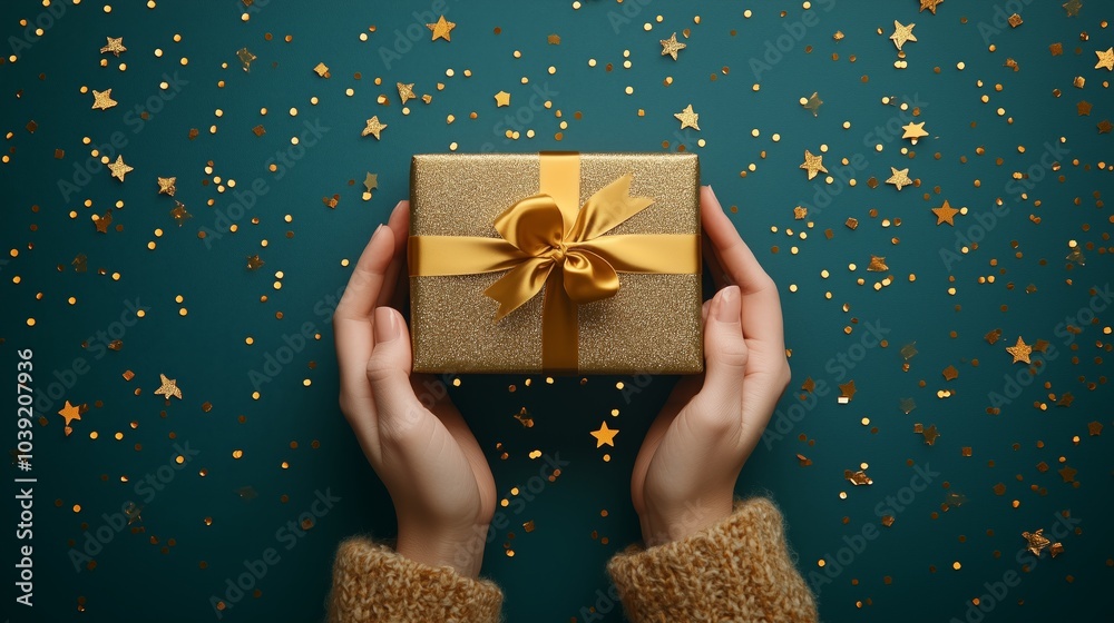 Photo of a pair of hands holding out an open gift box with a gold ribbon on a teal background Photo of a pair of hands holding out an open gift box with a gold ribbon on a teal background