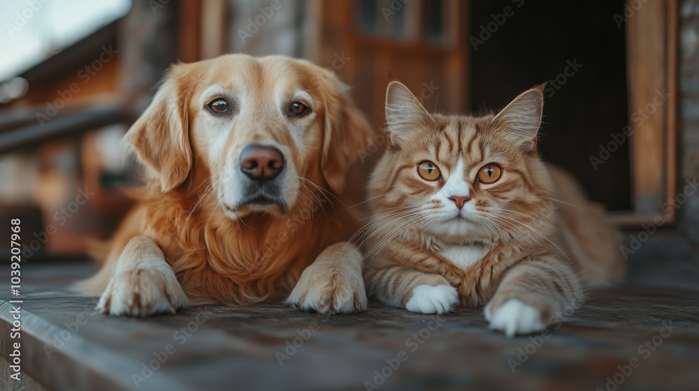 Realistic photo of an adorable dog and cat posing together for the camera in front of their house Realistic photo of an adorable dog and cat posing together for the camera in front of their house