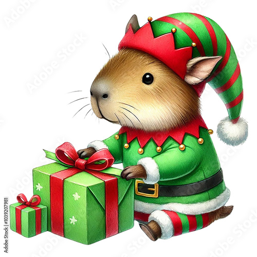 Cute guinea pig dressed as an elf with Christmas gifts. photo