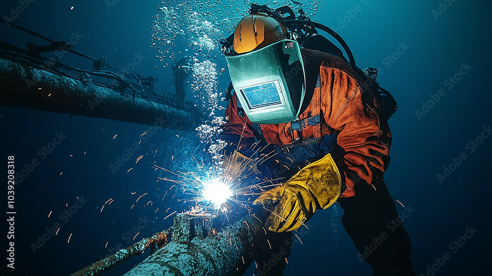 The engineer is using an arc welding technique to weld steel underwater. The engineer is using an arc welding technique to weld steel underwater.