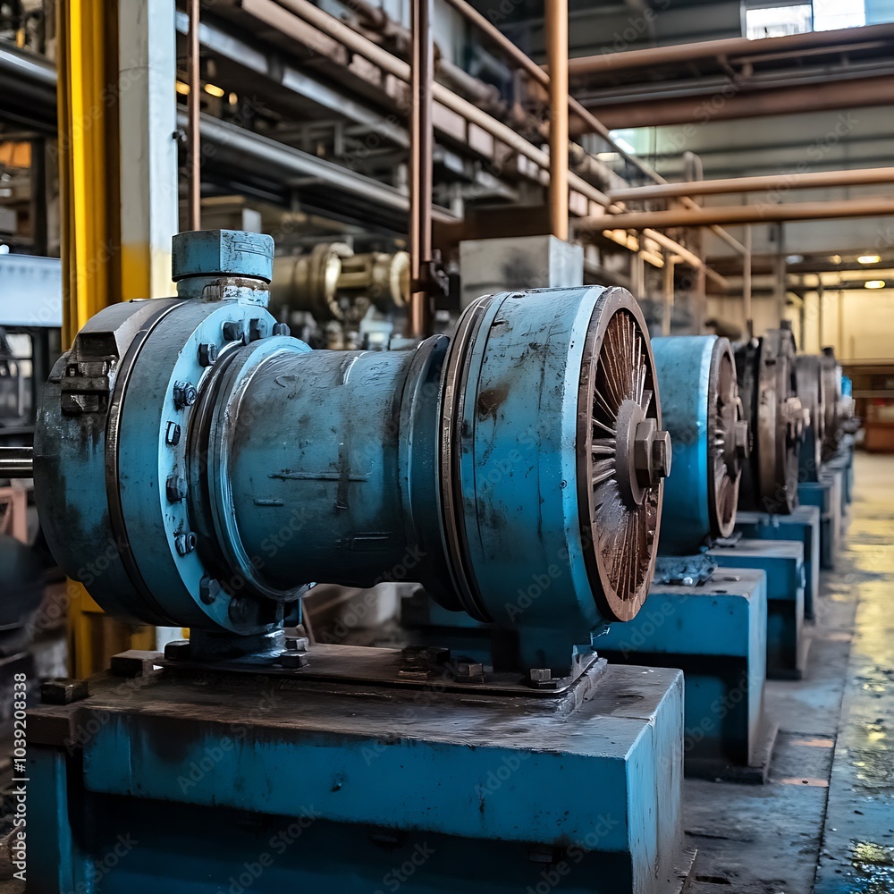 A large centrifugal water pump in operation, with a robust blue body, connected to steel piping running through the factory floor. A large centrifugal water pump in operation, with a robust blue body, connected to steel piping running through the factory floor.