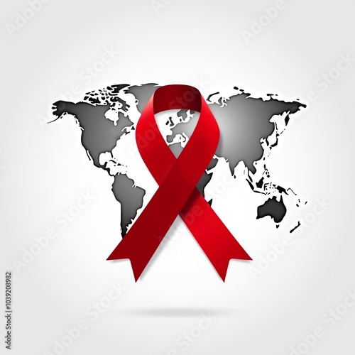 Graphic design of a world map with a red ribbon.