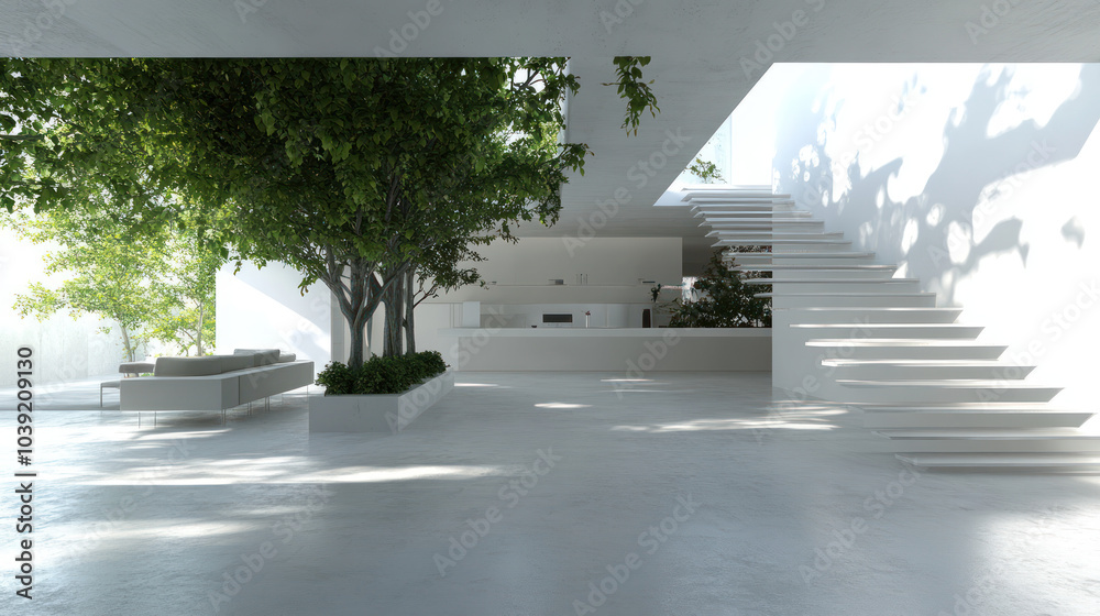 Fototapeta premium A modern house with trees growing inside white wall