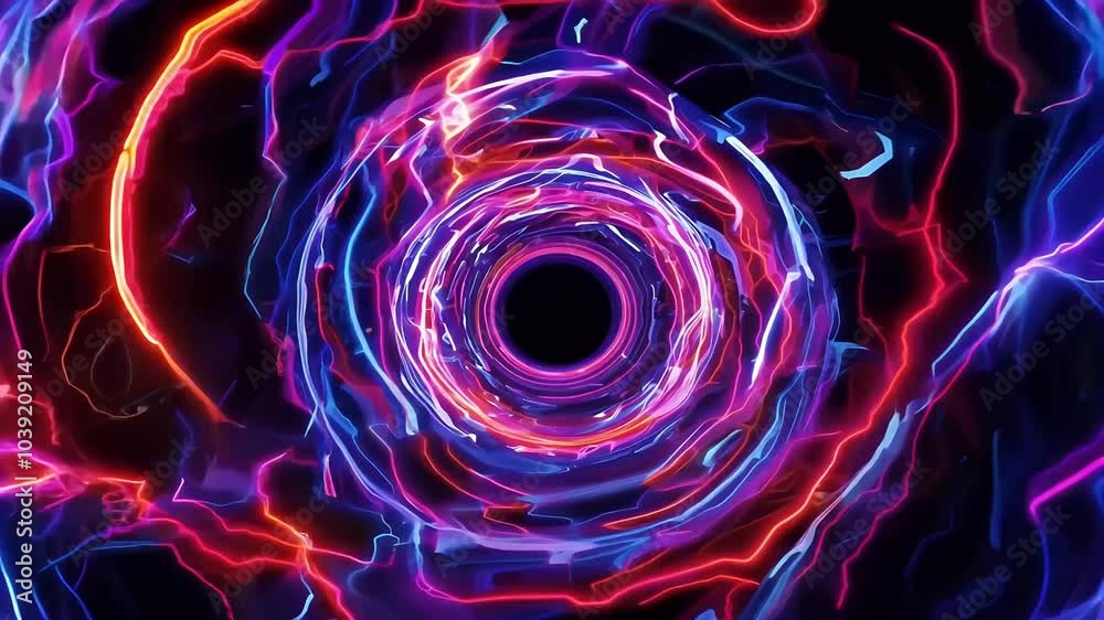 Enter captivating retro tunnel filled flaming neon lights wormhole animation transports viewers mesmerizing hyperspace journey colorful galaxy energy abstract astronomy background space black blue