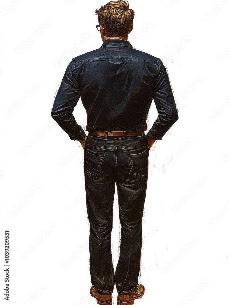 Man standing with his back turned, wearing casual clothing, isolated on white background. Man standing with his back turned, wearing casual clothing, isolated on white background.