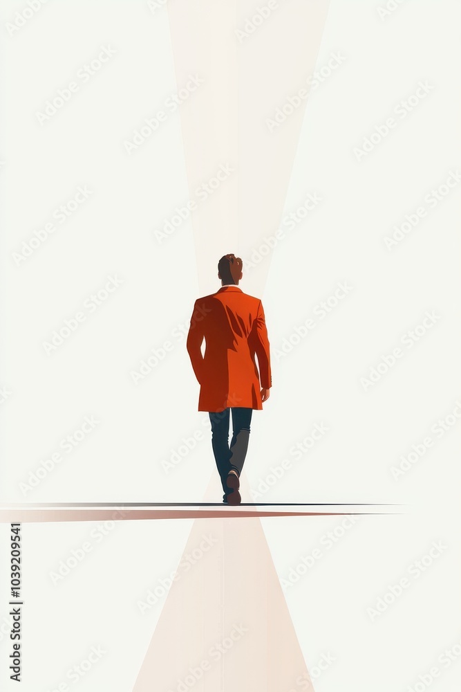 Person in a red coat walking towards a bright light, white isolated background Person in a red coat walking towards a bright light, white isolated background