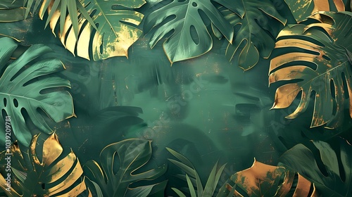 Silhouette of bold tropical leaves in dense forest green with metallic gold leaf background