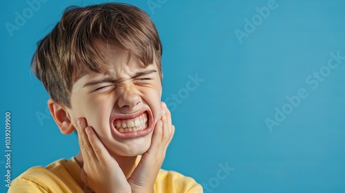 Young Boy Suffering from Toothache and Gingivitis, Dental Pain and Discomfort Due to Plaque and Periodontitis, Urgent Pediatric Care and Oral Hygiene in Blue Clinic