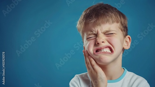 Upset child with dental pain and toothache, frowning at the dentist due to medical issues like gingivitis, plaque, and periodontitis, seeking care