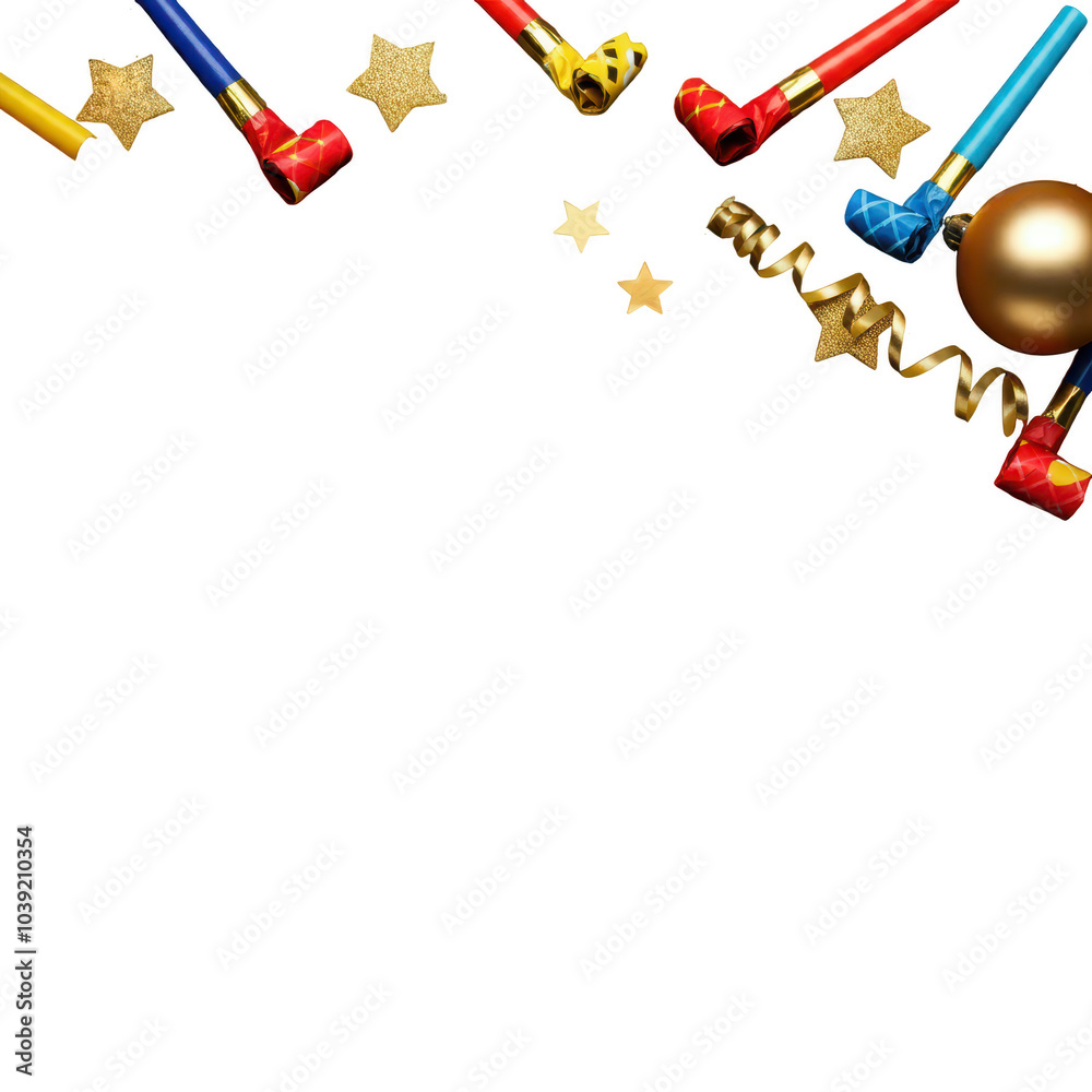 New Year corner banner with gold stars and noisemakers on transparent background New Year corner banner with gold stars and noisemakers on transparent background