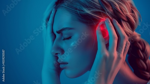 Woman suffering from earache and burning sensation, with red glow showing ear inflammation and medical issues like Eustachian Tube Dysfunction and allergies photo