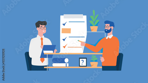A manager handing a performance review document to an employee, with both showing mutual respect, illustrating accountability in workplace evaluations, Accountability