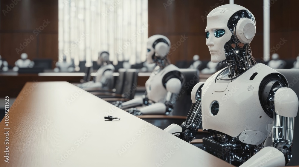 An AI-enhanced robotic courtroom, high-tech judicial complex with robotic legal assistants and virtual witnesses, Legal Tech Robotics style An AI-enhanced robotic courtroom, high-tech judicial complex with robotic legal assistants and virtual witnesses, Legal Tech Robotics style