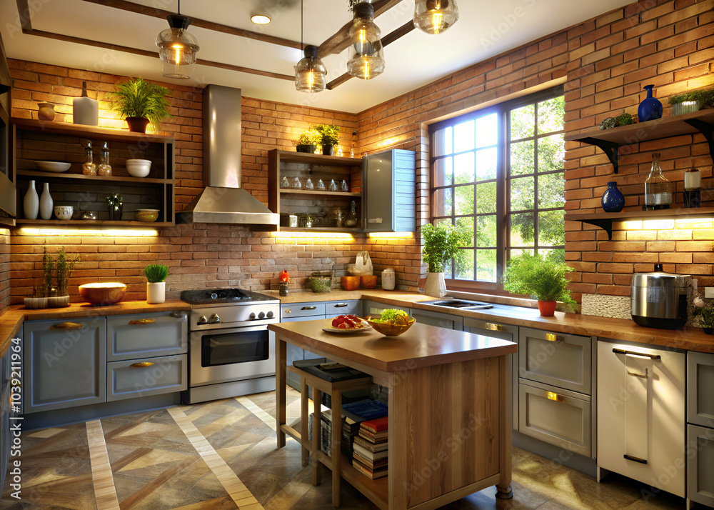 Fototapeta premium A kitchen with a large island and a brick wall