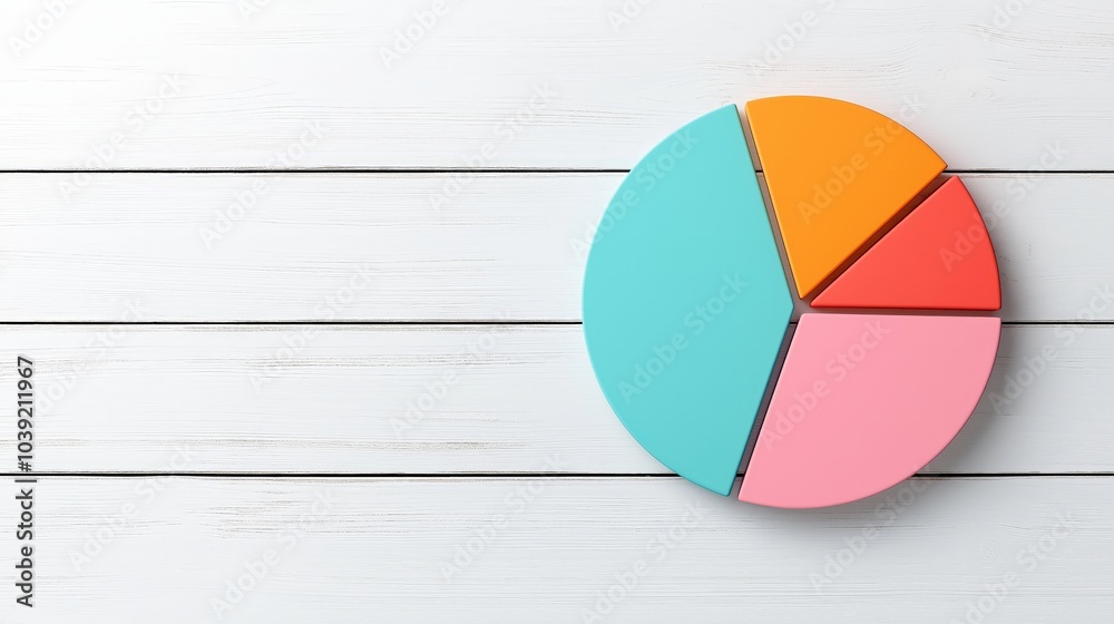 Fototapeta premium Colorful pie chart on wooden surface, representing data visualization.