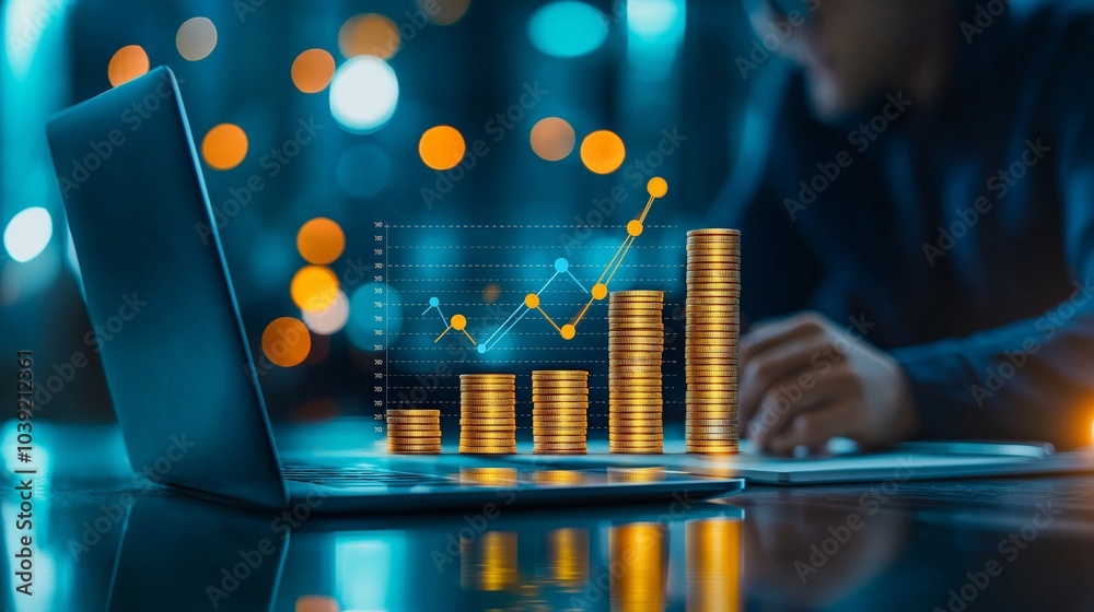 Person analyzing financial data on laptop with gold coins and growth chart. Person analyzing financial data on laptop with gold coins and growth chart.