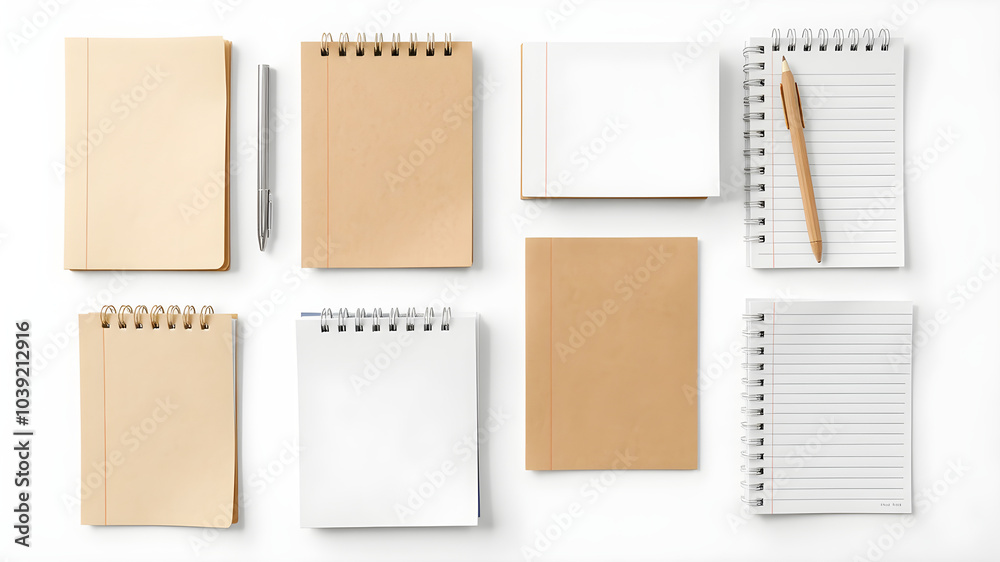 A collection of notebooks and pens on a white background A collection of notebooks and pens on a white background
