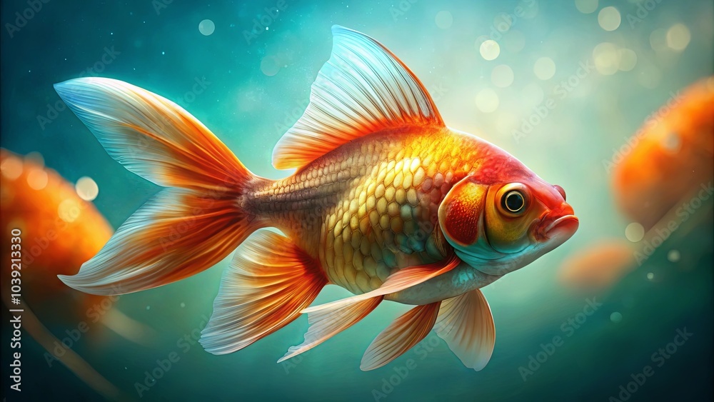 A single goldfish with vibrant orange and white fins swims through a hazy blue water, its scales shimmering in the light A single goldfish with vibrant orange and white fins swims through a hazy blue water, its scales shimmering in the light