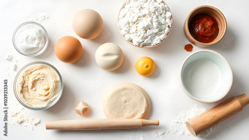A variety of ingredients are laid out on a counter, including eggs, flour A variety of ingredients are laid out on a counter, including eggs, flour